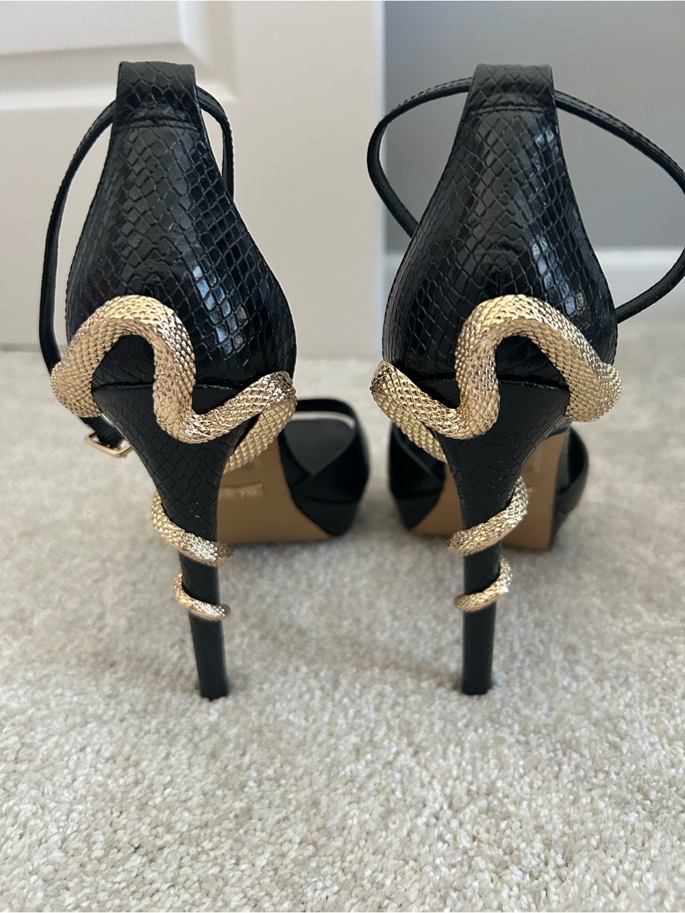 Black Snake-Embellished High Heel Sandals - Picture 3 of 5